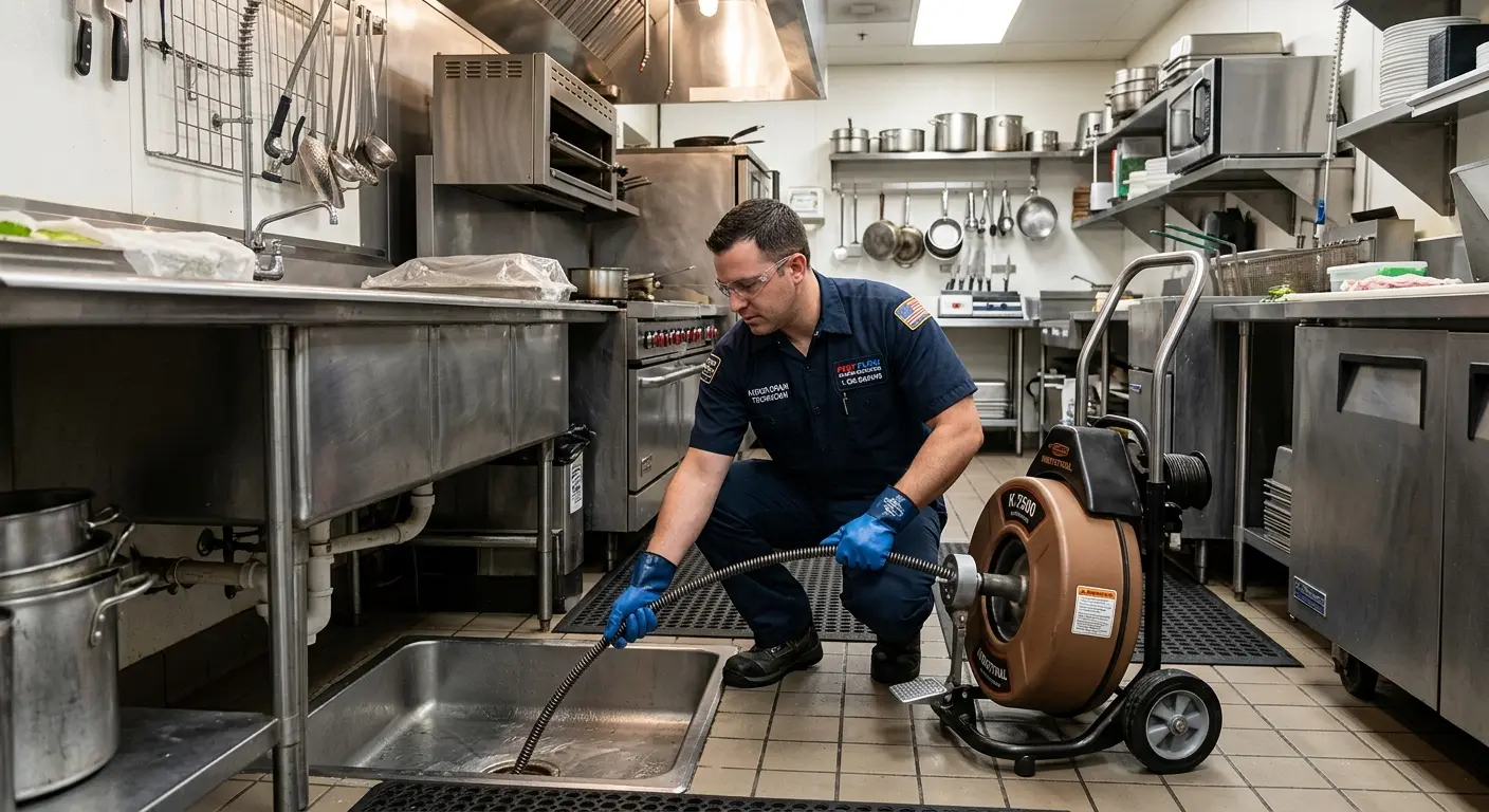 Commercial drain cleaning service in a restaurant kitchen in Lilburn
