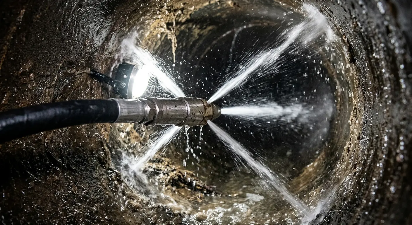 High-pressure hydro jetting nozzle cleaning sewer pipe for Emergency Drain Service in Lilburn