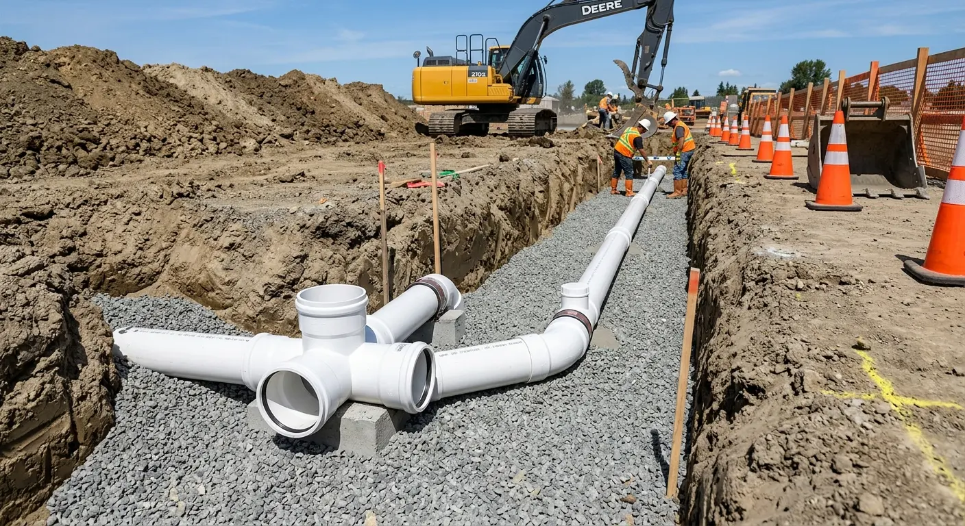 New PVC sewer pipe installation in open trench for Sewer Backup in Lilburn