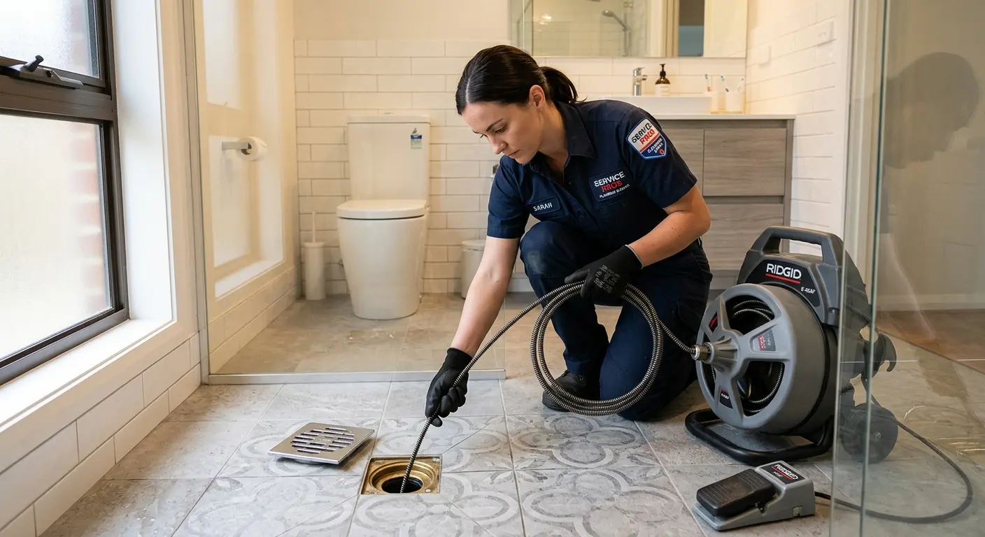 Technician clearing a bathroom floor drain for Drain Repair in Lilburn